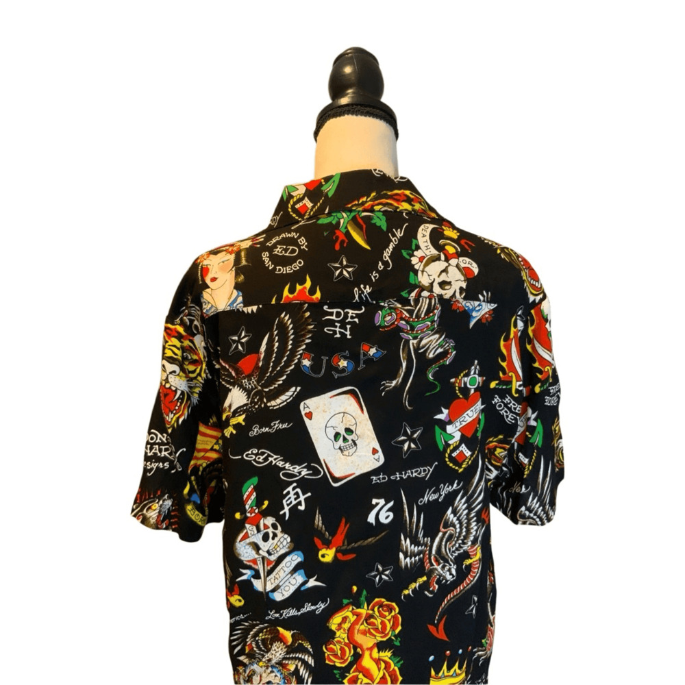 ED HARDY Button Up Shirt Tattoo Sz Small Skull Lion Tiger - Picture 8 of 9